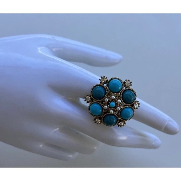Vintage Size 6.5 Silver Oval Turquoise Pearl White Stone Faux Ring Western Style - Picture 6 of 11